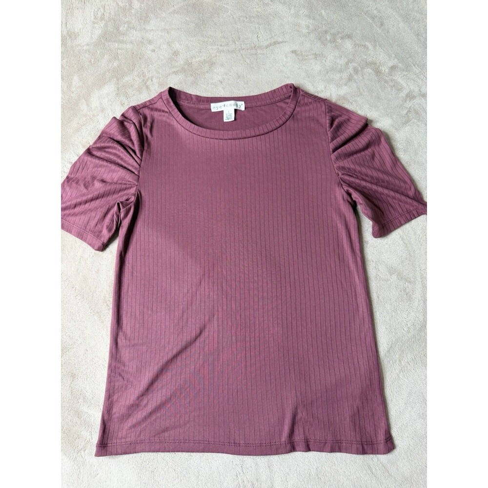Eye Candy Women’s Ribbed Puff Sleeve Top Pink Mauve Size L Stretch Tee